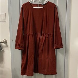 Madewell Rust Coloured  Gathered-Waist Long Sleeve Dress